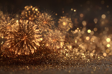Fototapeta premium abstract gold glitter background with fireworks. christmas eve, new year and 4th of july holiday concept.