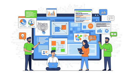 A businessman uses a mobile tablet PC to manage a social network connection through a web technology interface featuring cartoon communication icons and vector design symbols for modern office work