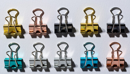 Colorful arrangement of office binder clips on a white surface