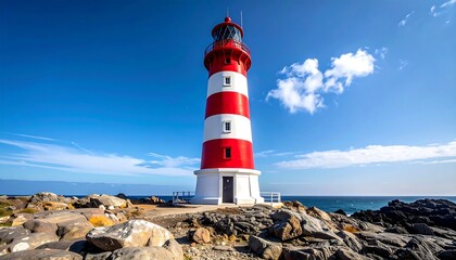 Obraz premium A classic red and white striped lighthouse stands tall against a vibrant blue sky, near a rocky coast, and a calm ocean