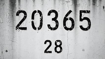 Distressed numerical sequence on flaking stucco, conveying age and urban decay in monochrome