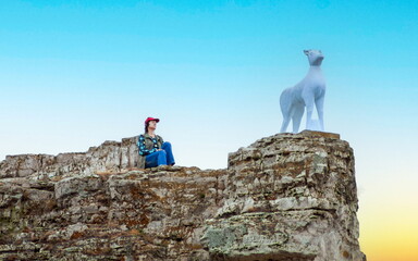 Monument to the Goat on the top of Mount Mogutova in Zhigulevsk. Zhiguli Mountains in the Samara Region