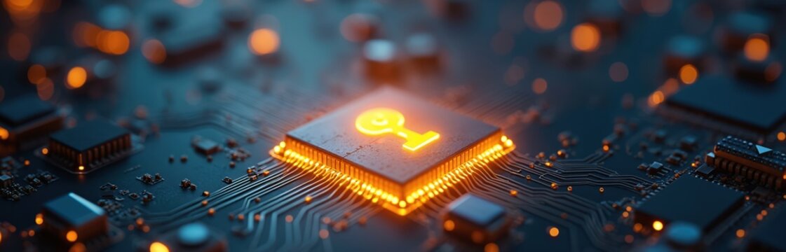 Computer chip with glowing key symbol signifies digital security and data protection. Microchip circuits glow with orange light. Advanced tech safeguards information. - Powered by Adobe