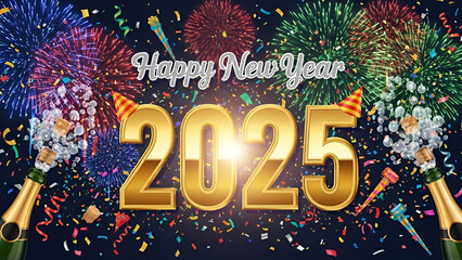 Radiant 2025 Celebration: Festive Fireworks and Sparkling Champagne Toast Banner