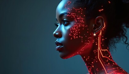 Woman profile with digital circuitry on skin. Glowing red circuits and dots on dark complexions. Future tech portrait of human AI integration concept.