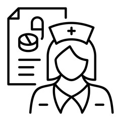 Healthcare Professional Reviewing Patient Medical Records and Medication Prescription Line Icon. Symbolizing prescription management, patient data, pharmacy services, and administrative healthcare.