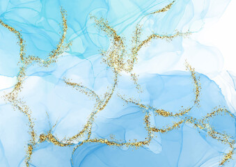 Elegant abstract background featuring swirling blue alcohol ink textures and sparkling gold glitter lines