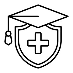 Education Insurance Line Icon. Icon featuring a graduation cap resting on a shield with a medical cross.