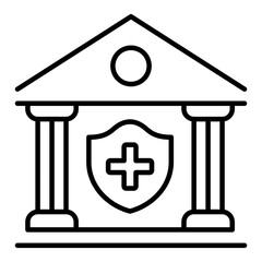 Comprehensive Health Insurance Company Headquarters Line Icon. Symbolizing institutional healthcare, robust insurance, medical regulation, and financial security for health plans.