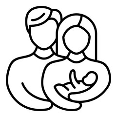 Parents Embracing and Holding Their New Child for Family Care Line Icon. Symbolizing family, maternity, parenthood, postnatal care, adoption, baby health insurance, and the joy of a new child.