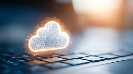 A glowing cloud icon on a laptop keyboard symbolizes cloud computing and data storage concepts, highlighting modern technology use.