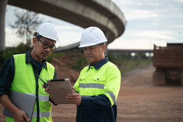 Construction engineers reviewing technical data on tablet with heavy machinery in background, illustrating modern construction technology and progress.