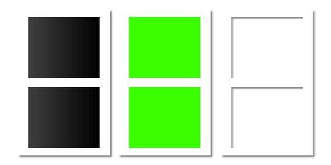 Minimal website wireframe layout with polaroid photo frame placeholders and green screen areas for UI UX design presentation prototype and web mockup