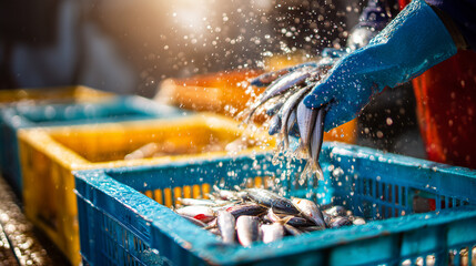 Close up of a fisherman’s hand pouring freshly caught fish into a crate at the dock, capturing the raw moment of harvest, texture, and daily life in the fishing industry.