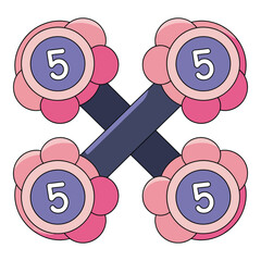 Two pink and purple dumbbells with the number 5 crossed in an X shape, representing fitness and exercise.