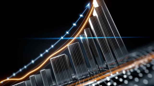 Metallic bar chart growing over time with an orange line and an arrow indicating a positive trend, on a digital background made of small dots and lines