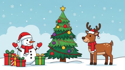Adorable cartoon snowman and reindeer stand beside a decorated Christmas tree surrounded by wrapped presents in a snowy winter scene