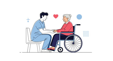 Fototapeta premium Caring male nurse in blue scrubs comforting an elderly woman in a wheelchair in a modern, minimalist line art illustration.