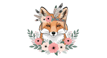 Obraz premium Boho-style portrait of a beautiful fox with a floral and feather headband, framed by a wreath of pink flowers and green leaves.