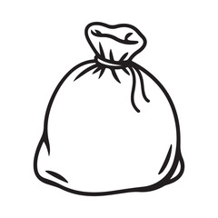 A black and white line art drawing featuring a bulging sack tied tightly at the top.