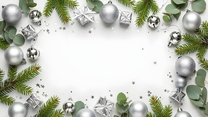 Christmas frame on white background with silver ornaments, fir tree branches, and eucalyptus leaves