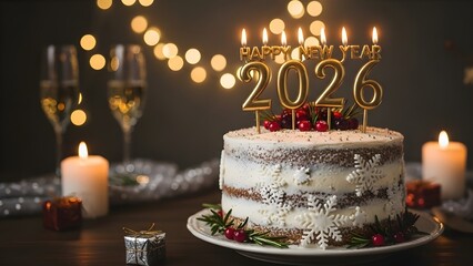 Happy new year 2026 cake with candles and champagne glasses on a festive background