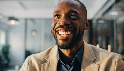 Joyful African American businessman smiling broadly in an office environment