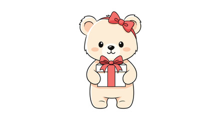 Obraz premium Sweet and simple cartoon of a cute girl teddy bear with a red bow on her head, holding a white gift box with a red ribbon.