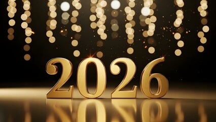 Golden 2026 numbers on a reflective surface with sparkling bokeh lights for new year celebration