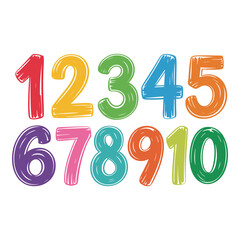 Vibrant hand drawn colorful numbers collection from one to ten for educational use illustration