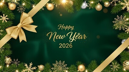 Happy new year 2026 festive background with green fir branches golden ornaments snowflakes and decorative ribbon bow