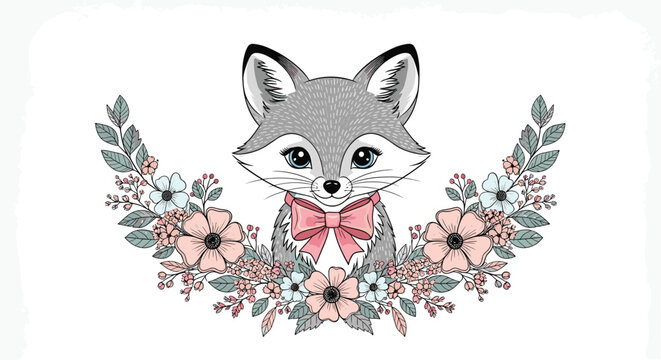 A beautifully hand-drawn portrait of a cute grey fox with a large pink bow, framed by a delicate wreath of pastel flowers.
