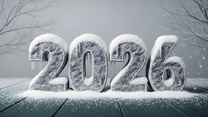 Snow-covered 2026 numbers with icicles standing on a wooden surface against a frosty winter background with bare branches