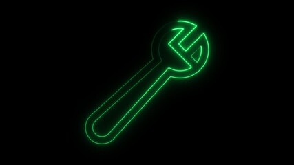 Neon green wrench glowing bright green lines isolated on black background repair tool symbol technology concept