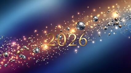 Golden 2026 numbers floating amidst shimmering silver and gold spheres and glitter on a dynamic blue and purple gradient background