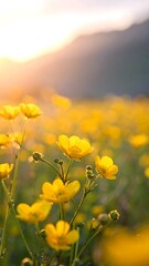 A close-up shot of yellow flowers in a meadow, bathed in golden sunlight, with a hazy mountain backdrop. The vibrant blooms glow