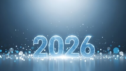 Glowing 2026 numbers with abstract light particles and bokeh effects on a serene blue background, symbolizing a fresh start