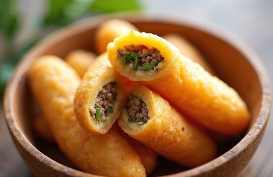 Golden brown comro snacks made from grated cassava and spicy oncom filling are served in a wooden bowl. These savory Indonesian cassava fritters are fried until crispy and delicious.