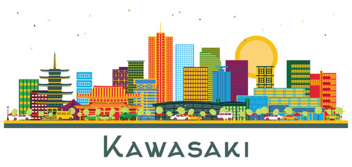 Kawasaki Japan City Skyline with Color Buildings isolated on white. Illustration. Business Travel and Tourism Concept with Historic Architecture. Kawasaki Cityscape with Landmarks.