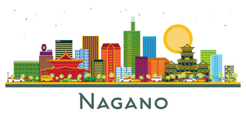 Nagano Japan City Skyline with Color Buildings isolated on white. Illustration. Business Travel and Tourism Concept with Modern Architecture. Nagano Cityscape with Landmarks.