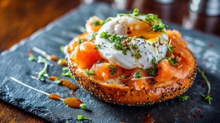 A freshly prepared bagel topped with smoked salmon, a perfectly poached egg, and a sprinkle of herbs is presented on a dark slate plate. The dish is vibrant and appetizing.