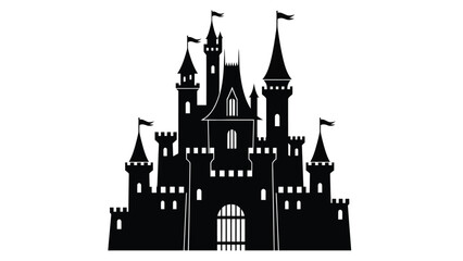 Obraz premium Black silhouette of a fairytale castle with multiple towers and flags