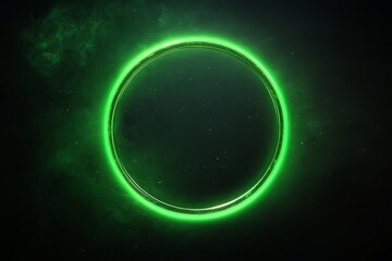 Fototapeta premium Vibrant Glowing Neon Green Ring Isolated on Deep Black Cosmic Background with Faint Stardust