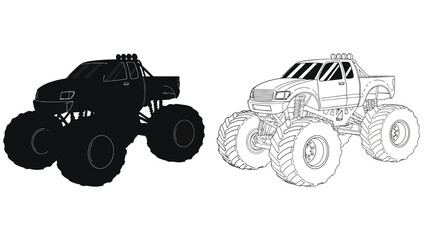 Monster truck illustrations a shaded silhouette and a detailed line drawing