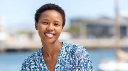 A joyful woman smiles warmly at the camera with a scenic waterfront background, radiating happiness and confidence.