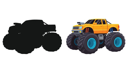 Cartoon illustration of a monster truck with its silhouette counterpart © Tm Studio