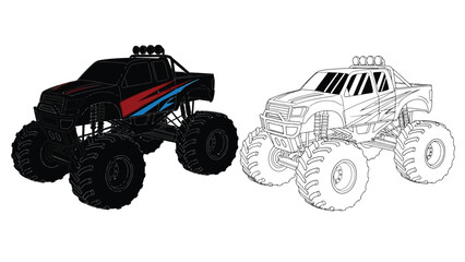 Detailed illustrations of two powerful monster trucks in black and white