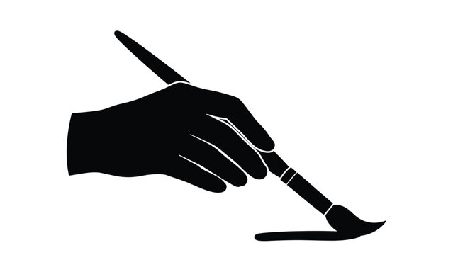 A black and white illustration of a hand holding a paintbrush