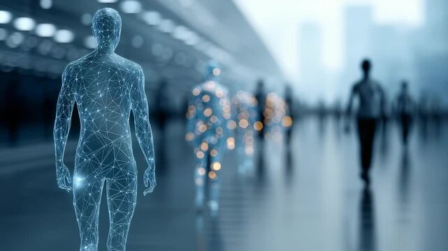 Abstract visualization AI powered humanoid forms with illuminated nodes, lines, symbolizing data flow, connectivity. Scene evokes innovation, digital transformation, future human machine interaction