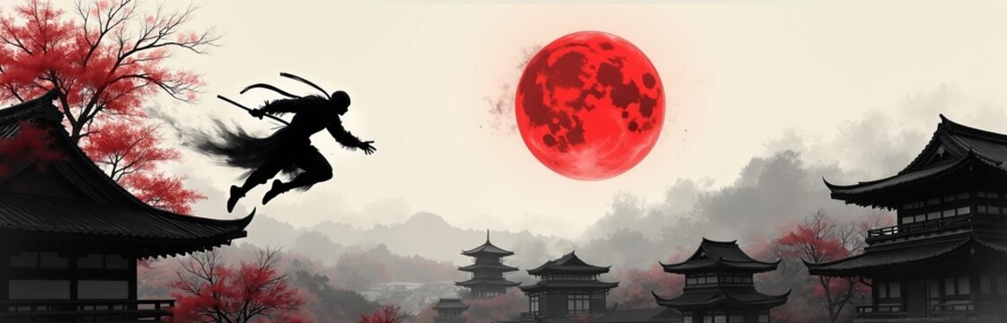 Ninja leaps across rooftops under red moon. Black silhouette warrior jumps over traditional Japanese buildings. Red maple trees add color to misty landscape. Ink art style creates dramatic atmosphere.